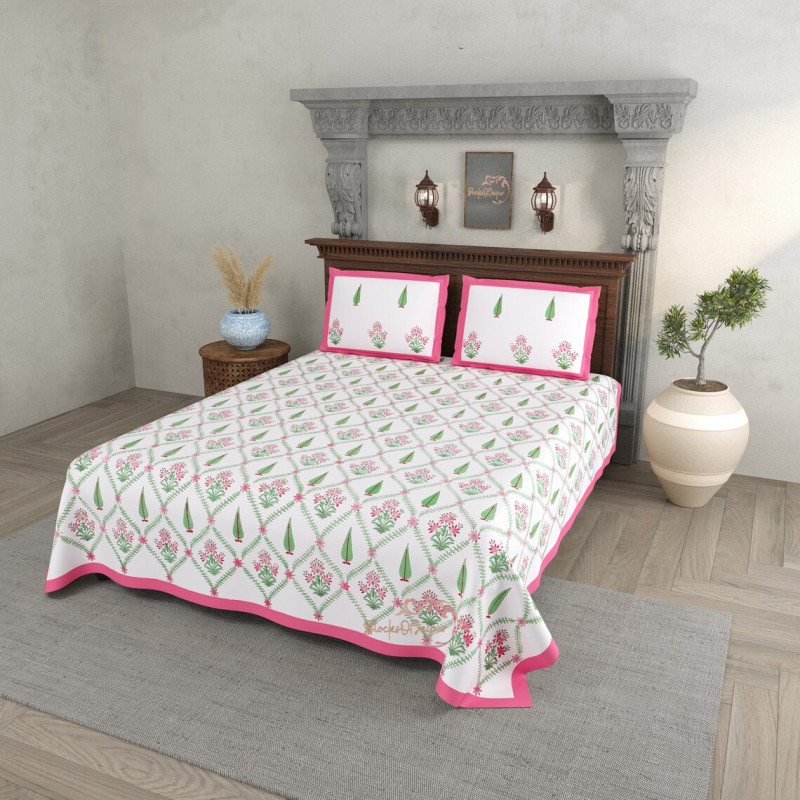 Off White Base With Handloom Print Pink Tree Block Print Super Fine Pink Tree Design King factory Size Bedsheet (2 Pillow Cover)