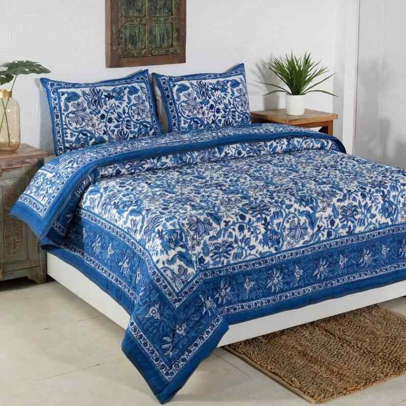 White and Blue Block Printed Paisley Pattern Indian Cotton 