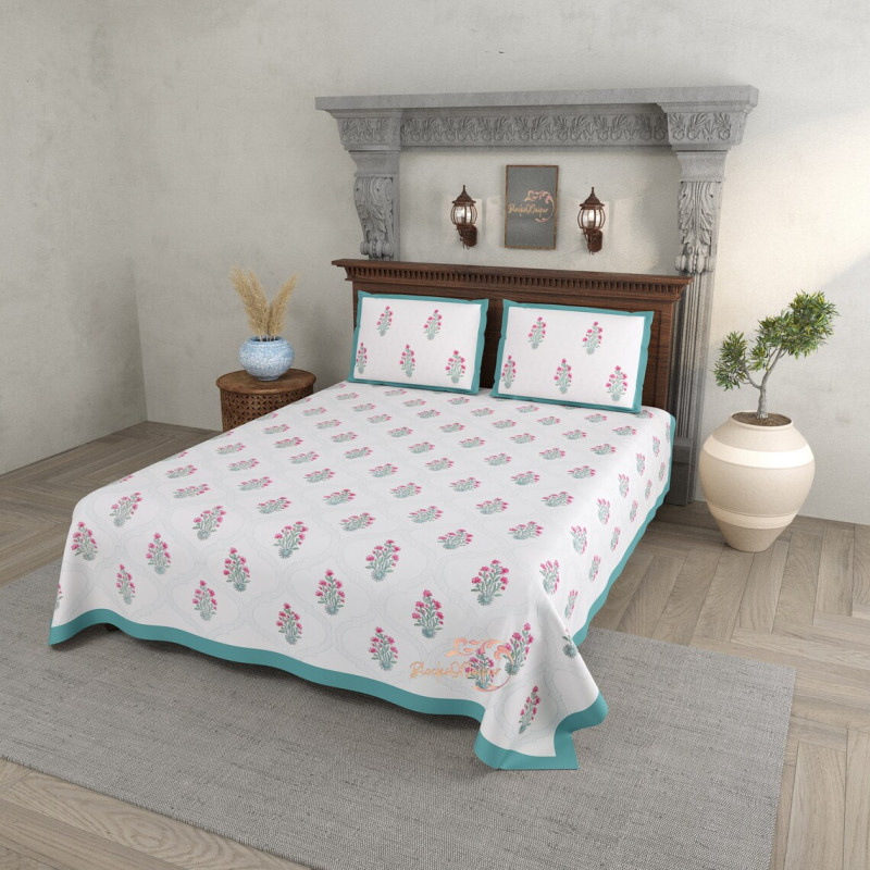 Indian Cotton Bed Sheets Set Hand Block Print Floral Bedcover King Queen  Size Flat Sheet with