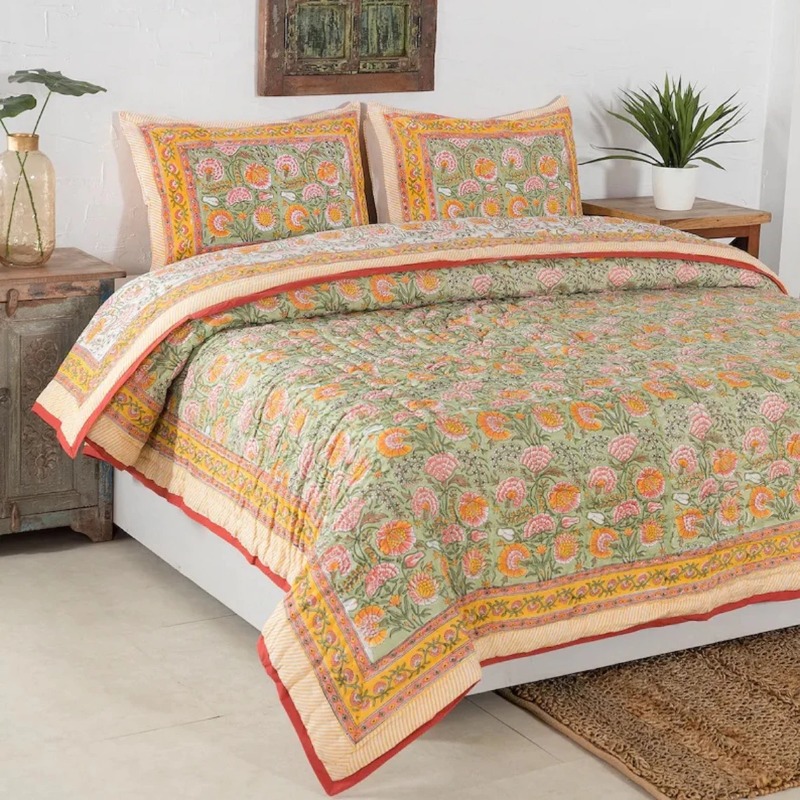 Indian Hand Block Print Pure Cotton Kantha Quilt Bedding deals Bed Cover Floral Print Kantha Quilt